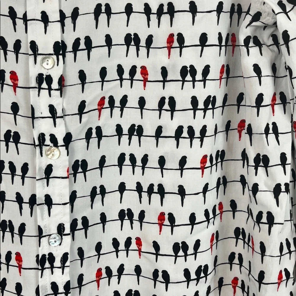 Jane & Delancey 100% rayon white with red and black birds, long sleeved button S - Picture 3 of 8